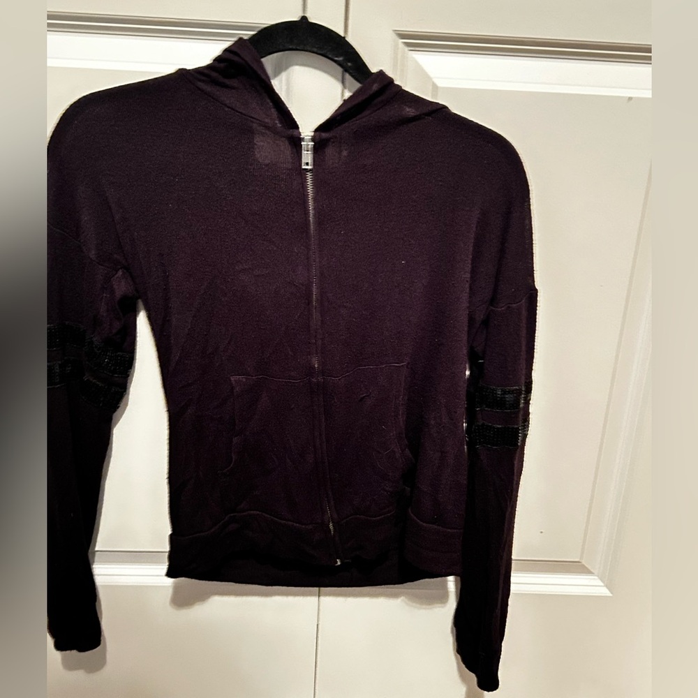 Dark Purple Zip-Up Hoodie with Striped Sleeves